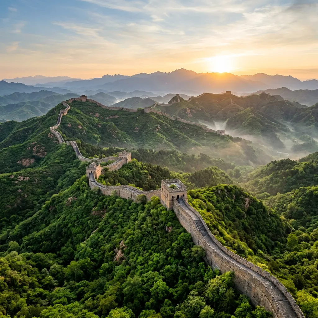 Aerial view of the Great Wall of China winding over green mountains at golden hour